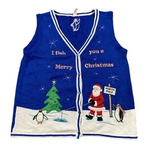 Christmas Woman's Holiday White Blue Vest Size L Santa North Pole